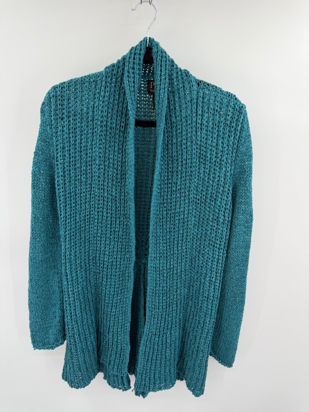Pure Handknit‎ Teal crochet open front cardigan size M/L cotton